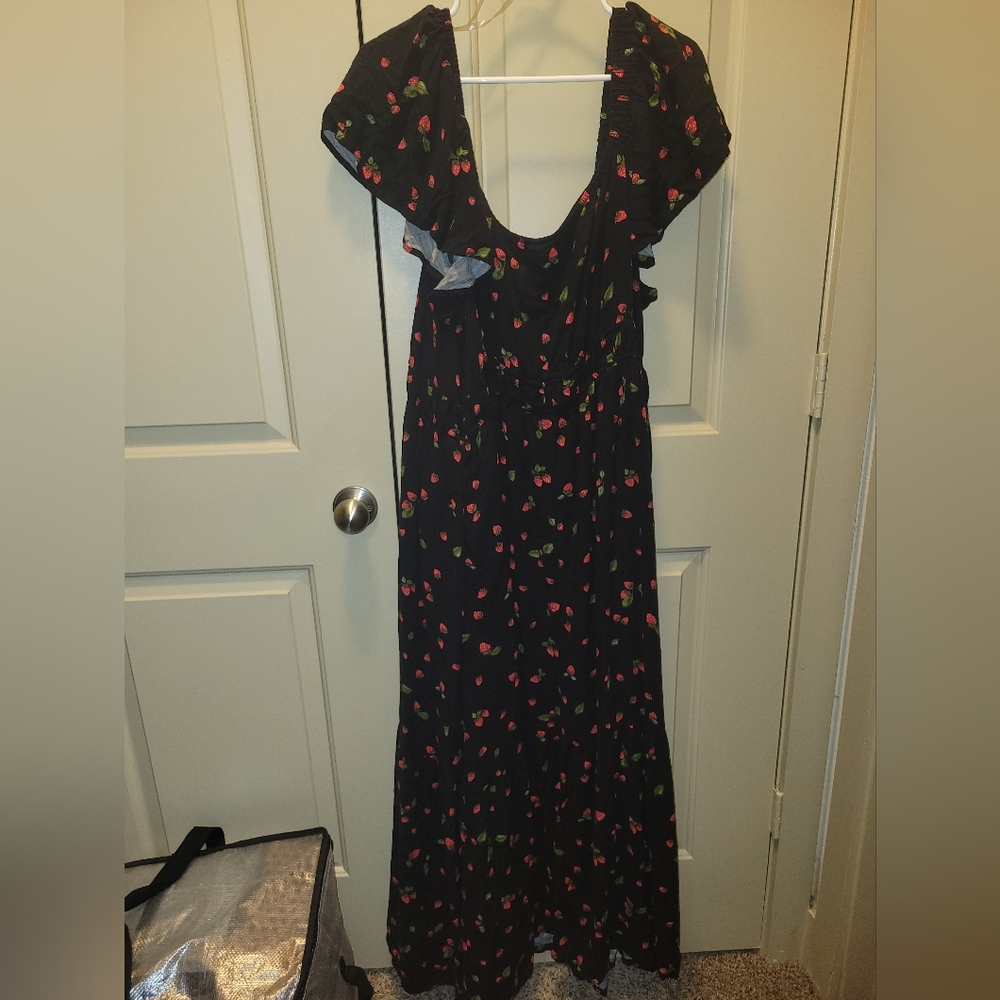 Ava & Viv Black Maxi Dress with Red and Green Floral Print